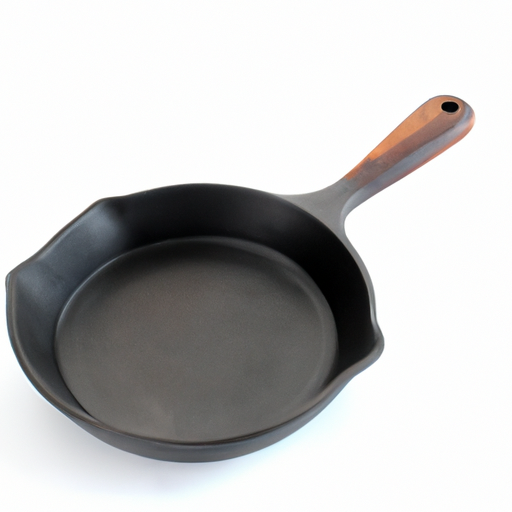 A well-seasoned cast iron pan with a wooden handle.