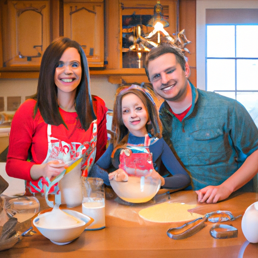 A family baking together in the kitchen, surrounded by flour and baking ingredients.