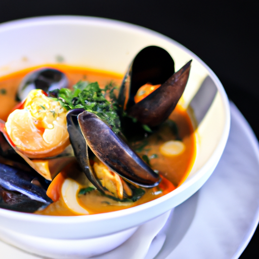 A luxurious seafood wedding soup with a medley of fresh shrimp, clams, and mussels in a rich broth.