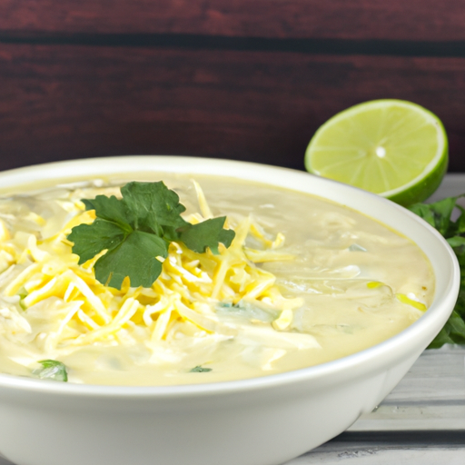 A bowl of creamy white chicken chili garnished with shredded cheese and fresh cilantro.