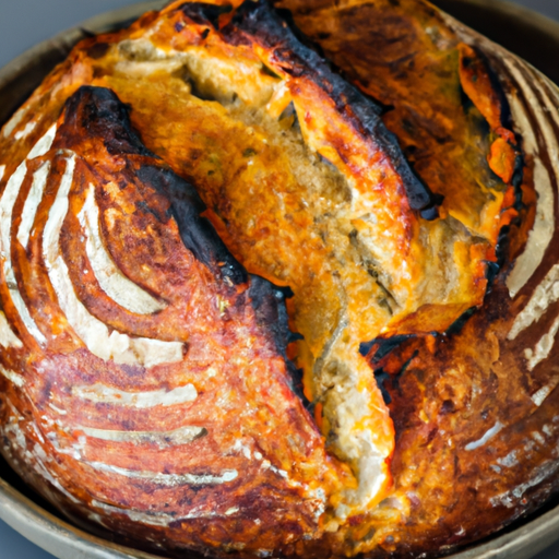 Freshly baked artisan bread with a crispy crust, made in a dutch oven.